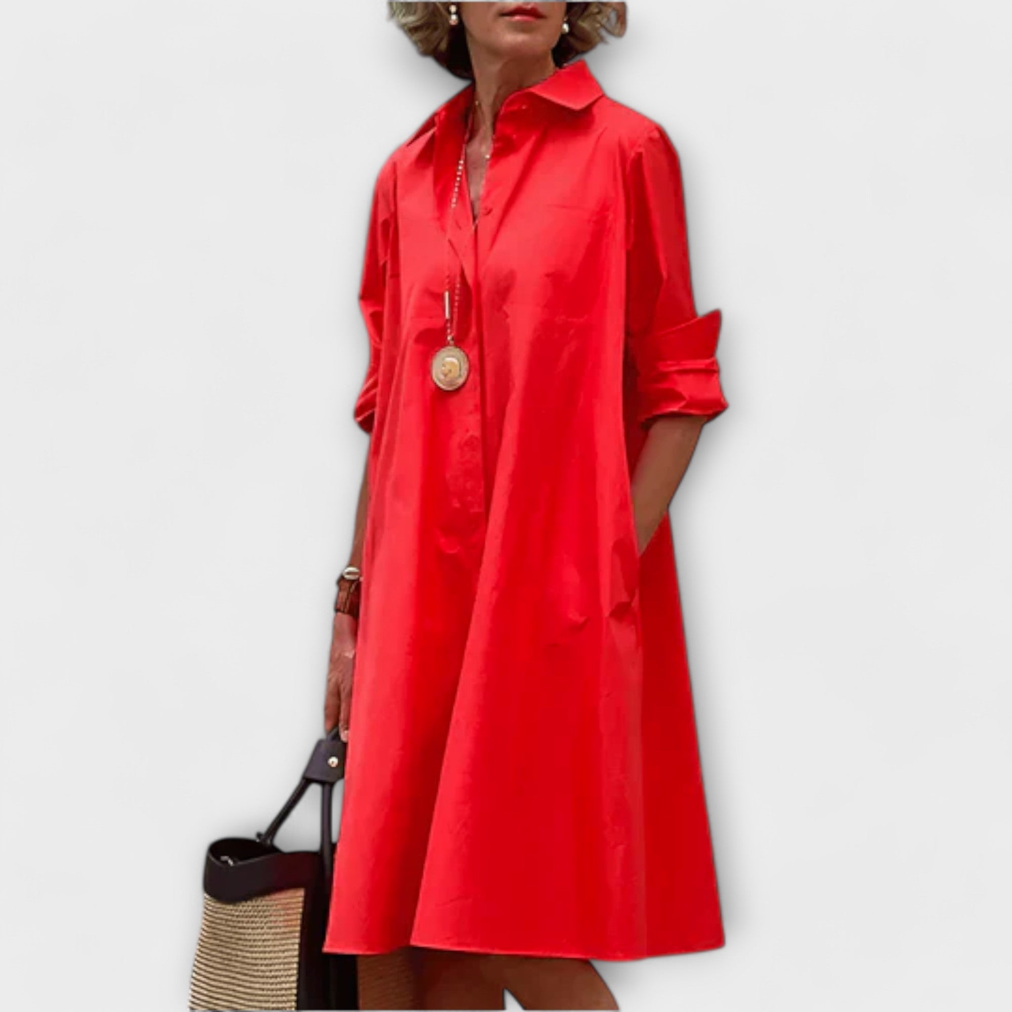 Olga - Vestido Camisa Moderno com Gola e Mangas 3/4